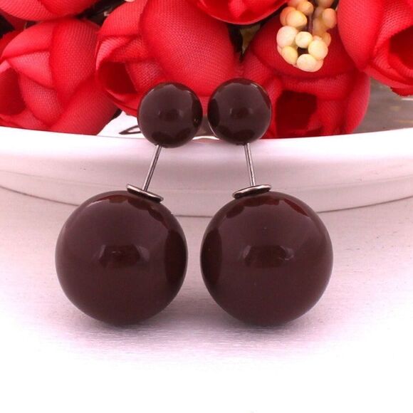 Brown Double Ball Stud Earrings Minimalist Chic Double Sided Front Back E… - Picture 1 of 2